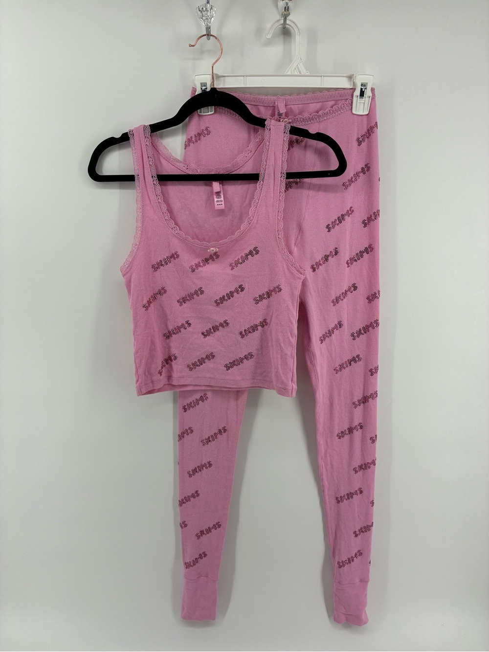 SKIMS Rhinestone Logo Pink Lace-Trim Tank & Legging Pajama Set